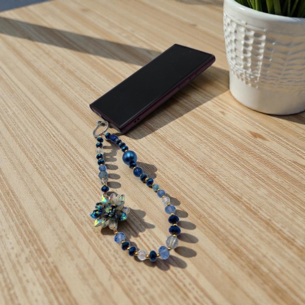 Handmade Blue Beaded Phone Charm with Floral Accent